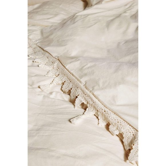 NWT Anthropologie Cream Scalloped Crochet Twin Duvet Cover Linen Cotton - Picture 2 of 7